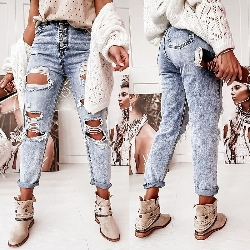 Compra directa de jeans de mujer, lavado de tubo recto casual, jeans de tiro medio perforados, mujeres_voghion.com