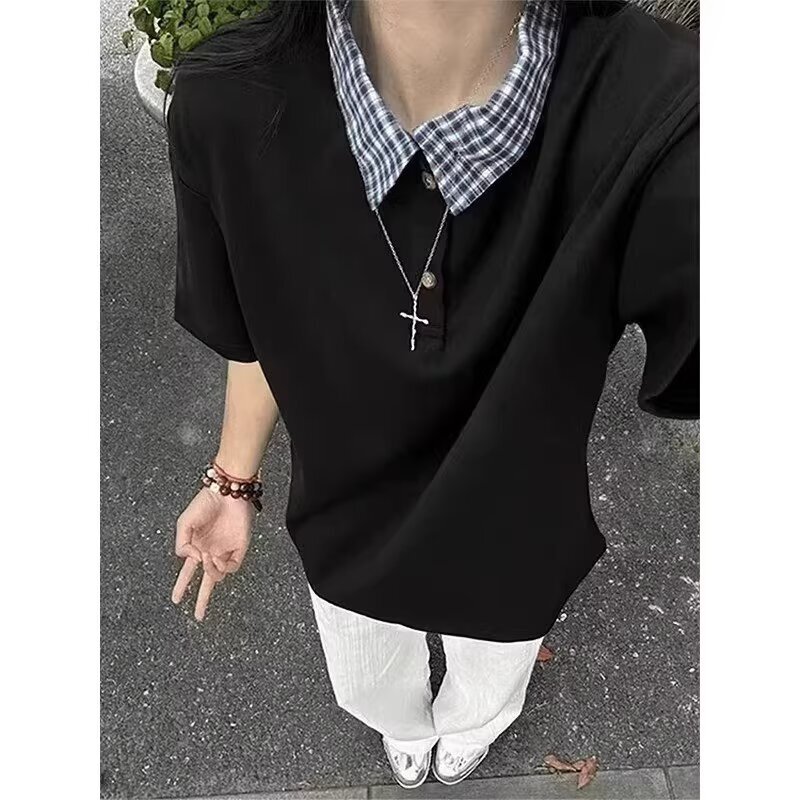 Plaid Shirt with Lapel Collar, Short Sleeves, Unisex, High-End, Versatile, Casual, Suitable for Work and Commuting, New Summer Style Polo Shirt