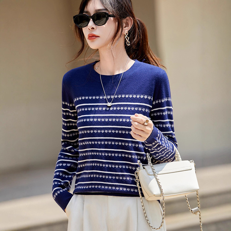 Cross-Border Autumn and Winter New Andy Velvet Strawberry Jacquard Round Neck Striped Versatile Knit Pullover Fashion Trendy Women's Winter