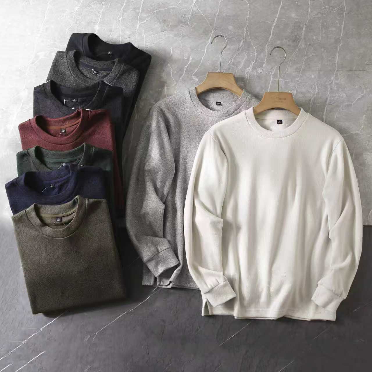 秋冬男装柔软针织摇粒绒圆领套头衫长袖T恤打底衫