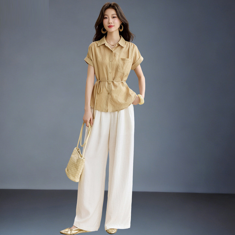 Fashionable women's suit 2026 summer new style, high-end Tencel linen shirt and wide-leg pants, elegant and slimming two-piece set Fashionable women's suit 2026 summer new style, high-end Tencel linen shirt and wide-leg pants, elegant and slimming two-piece set