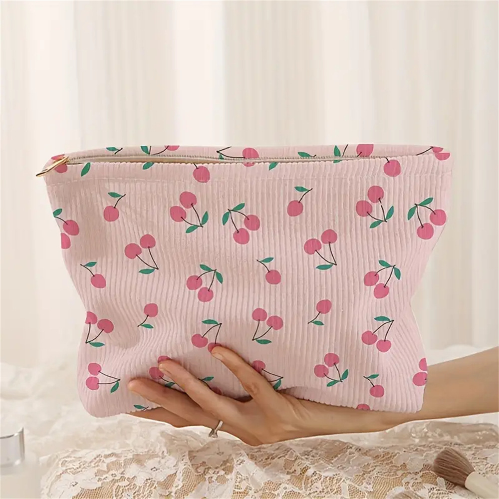 208g Weight Polyester Lining Material Elegant Streetwear Cherry Corduroy Square Makeup Bags