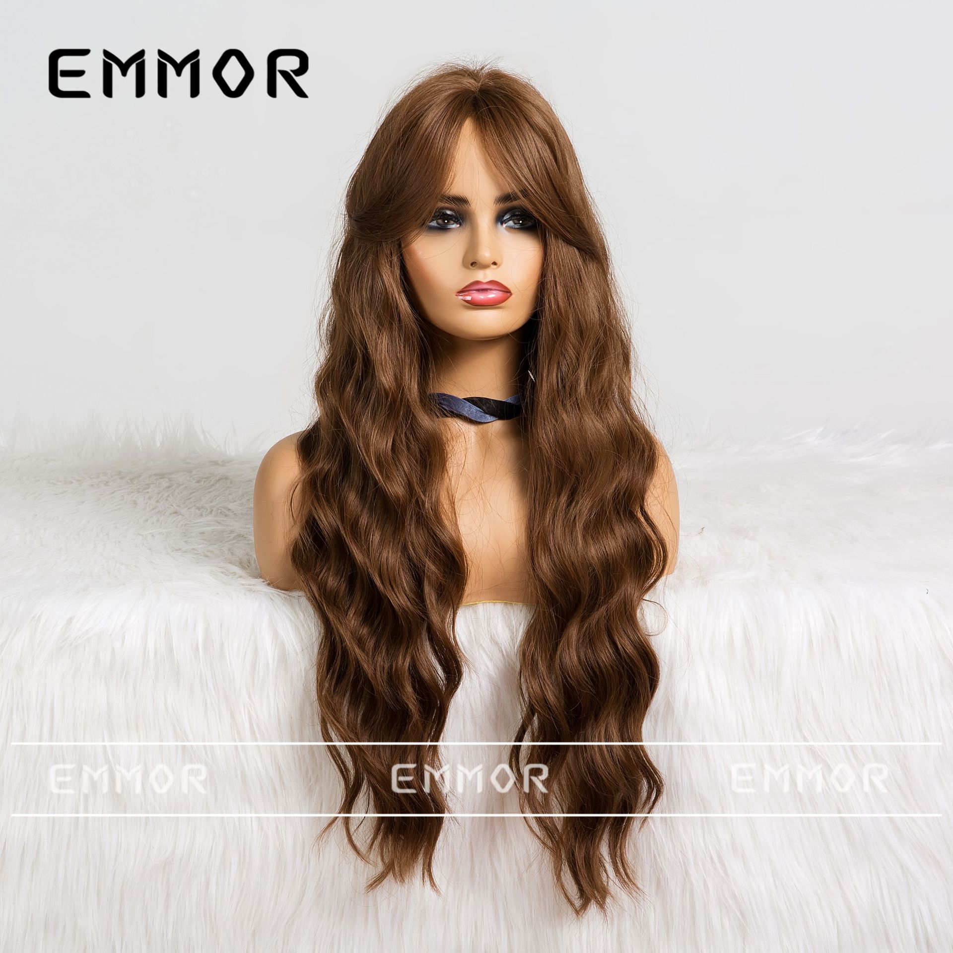 Emmor estilo europeo y americano Amazon Peluca de mujer de ocho caracteres Bangs Marrón largo pelo rizado onda grande Peluca de seda de alta temperatura