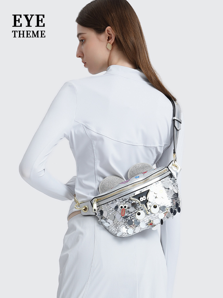 Bolso de pecho de cadena de tendencia unisex para mujer Bolso de impresión de un solo hombro con diseño de lenta de dibujos animados lindo 2607 #