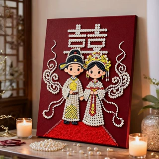 5D中式新款珍珠画diy手工新婚贺礼钻石绣客厅卧室装饰画实木相框