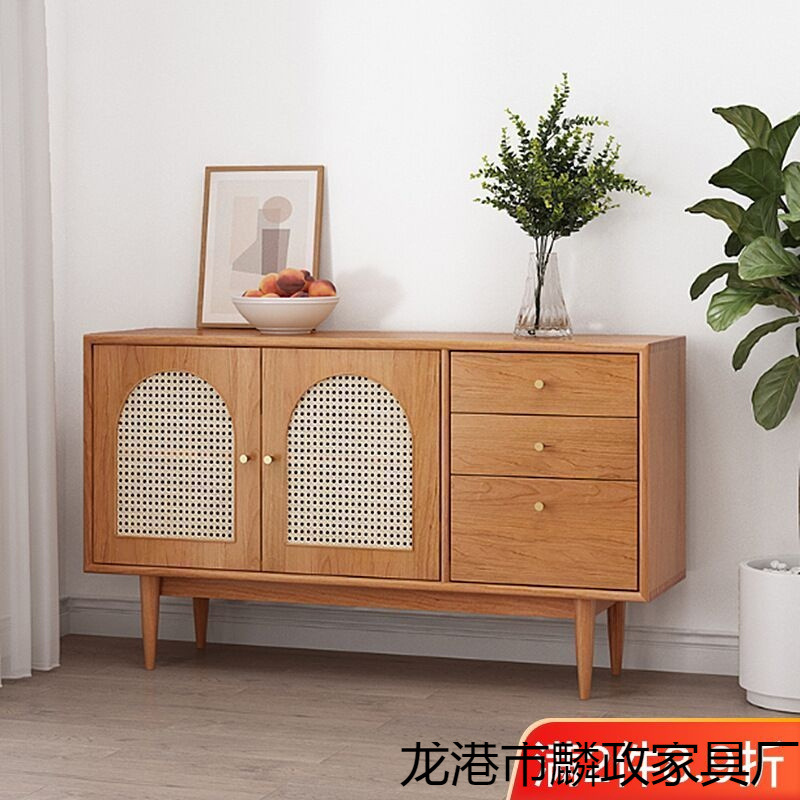 Nordic Solid Wood Sideboard Simple Modern Living Room Tea Cabinet Storage Cabinet Japanese Rattan Door Storage