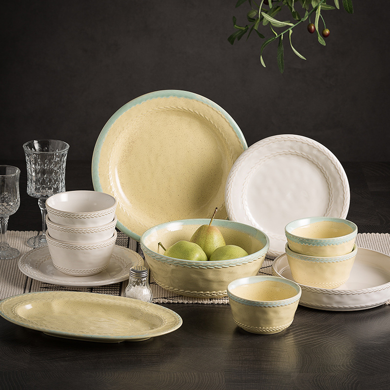 Fresh Ceramic Tableware Set for Home Use 2026 New Model Housewarming Gift Bowl and Plate Underglaze Color Yellow and White Combination with a Sense of Ceremony