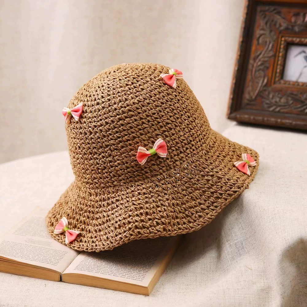 Соломенная летняя панама: защита от солнца, корейский стиль, 56–58 см; Cherry-beige, Cherry-khaki, с бантом beige/khaki