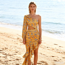 高端外贸女装欧美时尚性感修身包臀裙斜肩碎花不规则荷叶边连衣裙