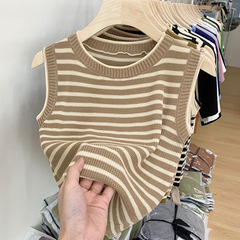 Striped Strapless Backless Top for Women - Summer Outerwear, Round Neck, Fitted, Slimming, Short Sleeveless, Ice Silk Knit Top