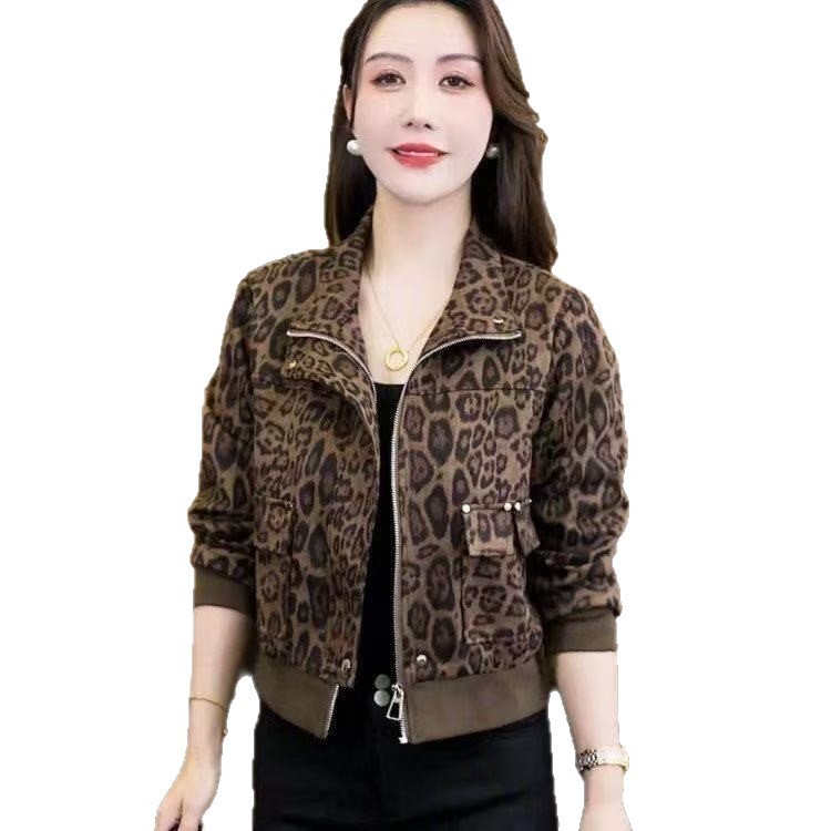 一件代发2025秋季新款时尚宽松豹纹拉链立领长袖女装外套上衣女|undefined