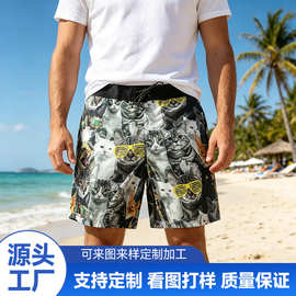 印花沙滩裤下水防尴尬运动裤欧美五分裤宽松版型男士冲浪速干短裤