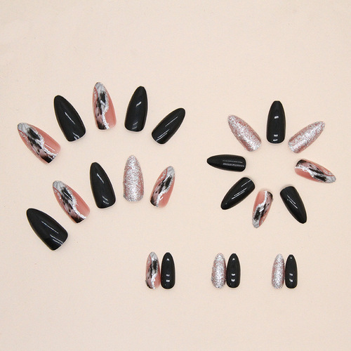 Flashing solid color galaxy manicure, sweet and cool hot girl European and American ins style almond nails, black fake nails, round head nails
