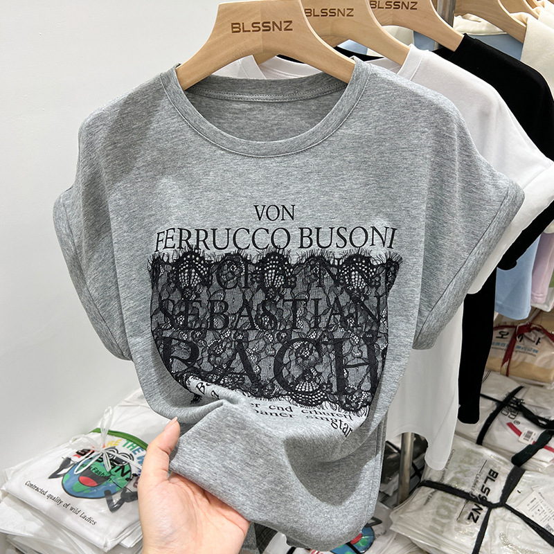 Foreign Trade Short-sleeved Printed T-shirt Women's Summer Loose Beautiful Heavy Cotton Lace Top Women's Summer
