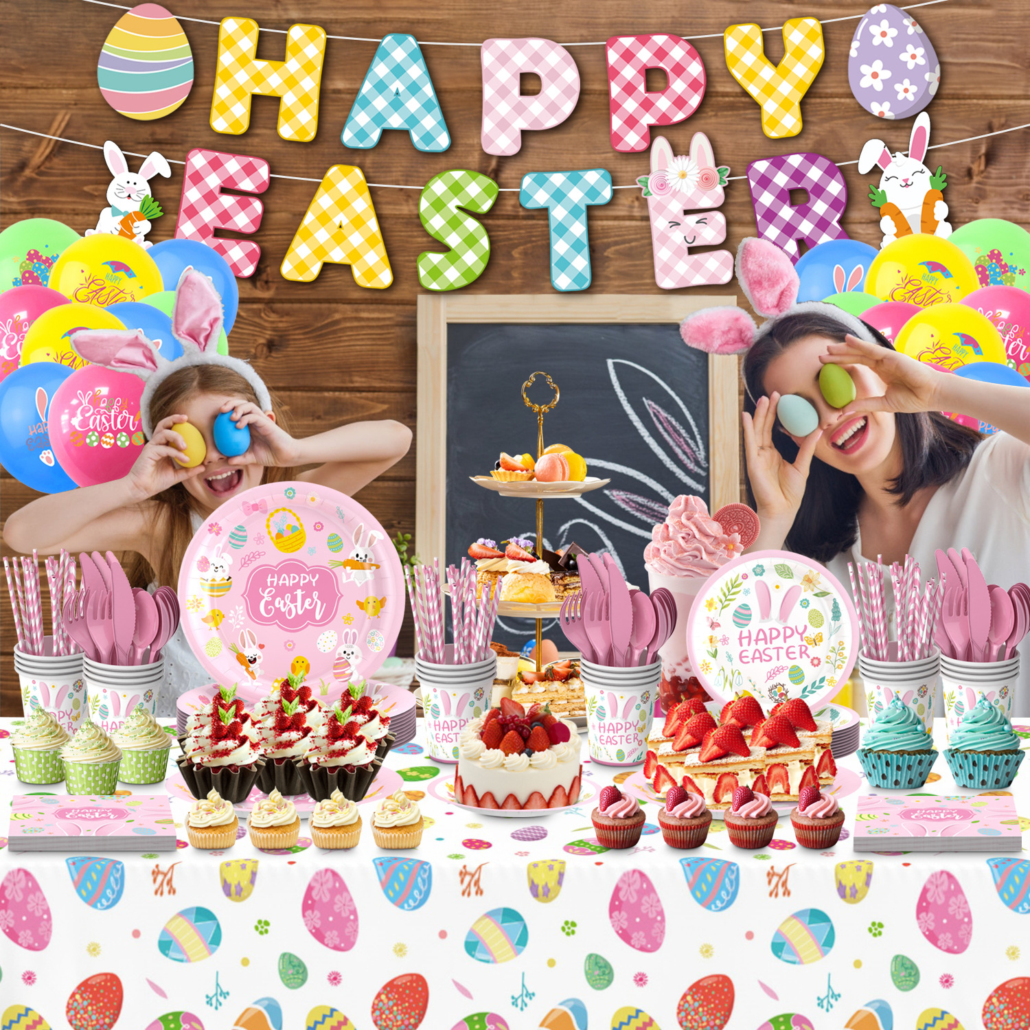 Nuevo TEMA DE Pascua fiesta Placa de papel decoración suministros conejo colorido huevo papel desechable taza mantel vajilla traje