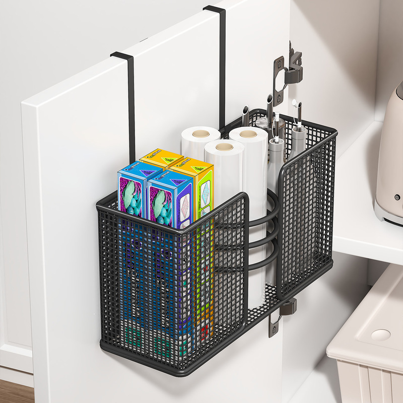 No-drill cabinet door storage basket, cling film and garbage bag storage rack, kitchen shelf, wall-mounted organizer