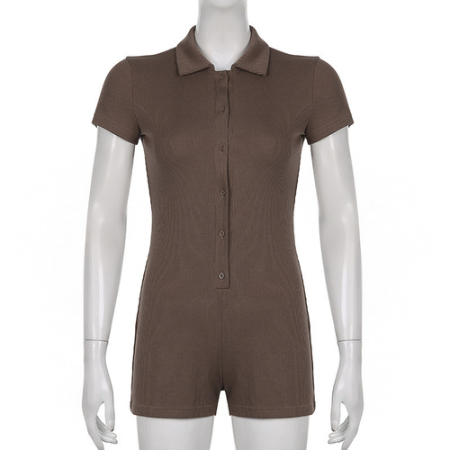 Summer and Spring European and American Hot Girl Solid Color Collared Button-Down Ribbed Tapered Casual Simple Basic One-Piece Pants Wholesale