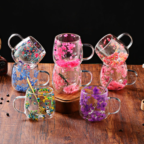Real dried flower double-layer glass cup creative high borosilicate heat-resistant water cup net red milk coffee cup tea cup