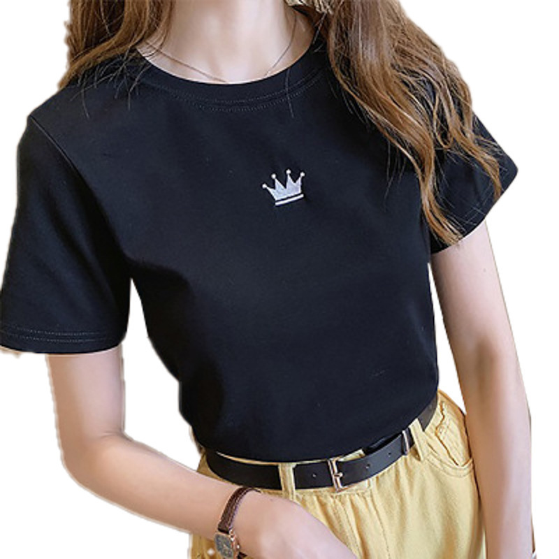 2025 夏の新スリム刺繍ラウンドネック半袖 Tシャツ女性の学生レディースボトリングトップドロップシッピング|undefined