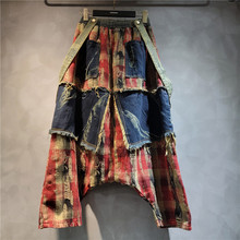 2024秋季新款设计感个性复古做旧拼接格子牛仔高腰背带垮裤