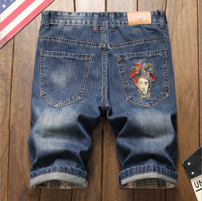 Pantaloncini in denim da uomo con fori strappati, 5/4 p, vestibilità slim oversize versatile da uomo alla moda, pantaloncini in denim 5/5, mendicanti_voghion.com