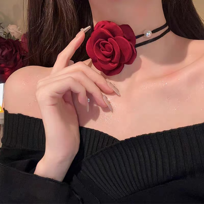 Ankora 레드 로즈 목걸이 여성 쥬얼리 동백 레이스 칼라 목걸이 초커 진주 쇄골 체인