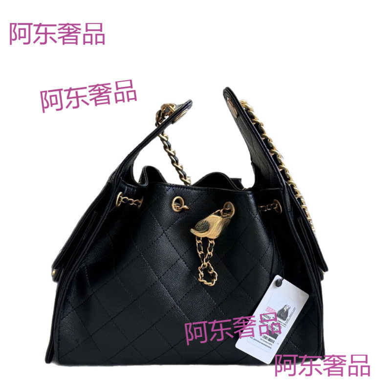 真皮高版本小香风25s鱼子酱单肩女包HOBO嬉皮包牛皮抽绳链条|undefined