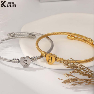 Cross-Border European and American Hot-Selling 26-Letter Stainless Steel Wire Braided Cable Titanium Steel Heart-Shaped Fashion Women's Bracelet