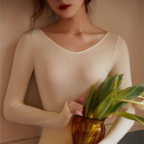 Autumn and Winter Beautiful and Elegant Women's Round Neck Elastic Heating Warm Innerwear Top Slim Fit Thin Women's Spring and Autumn Wear Wholesale