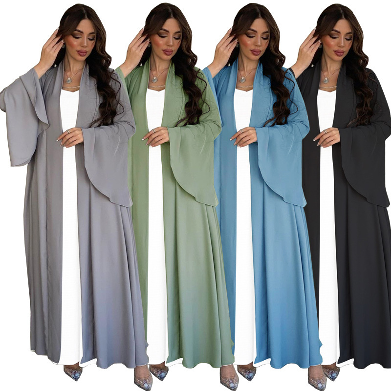 Mq057 2023 Summer Modest Fashion Dress with Ruffle Sleeves, Solid Color Shawl Coat, and Soft Dress Mq057 2023 Summer Modest Fashion Dress with Ruffle Sleeves, Solid Color Shawl Coat, and Soft Dress