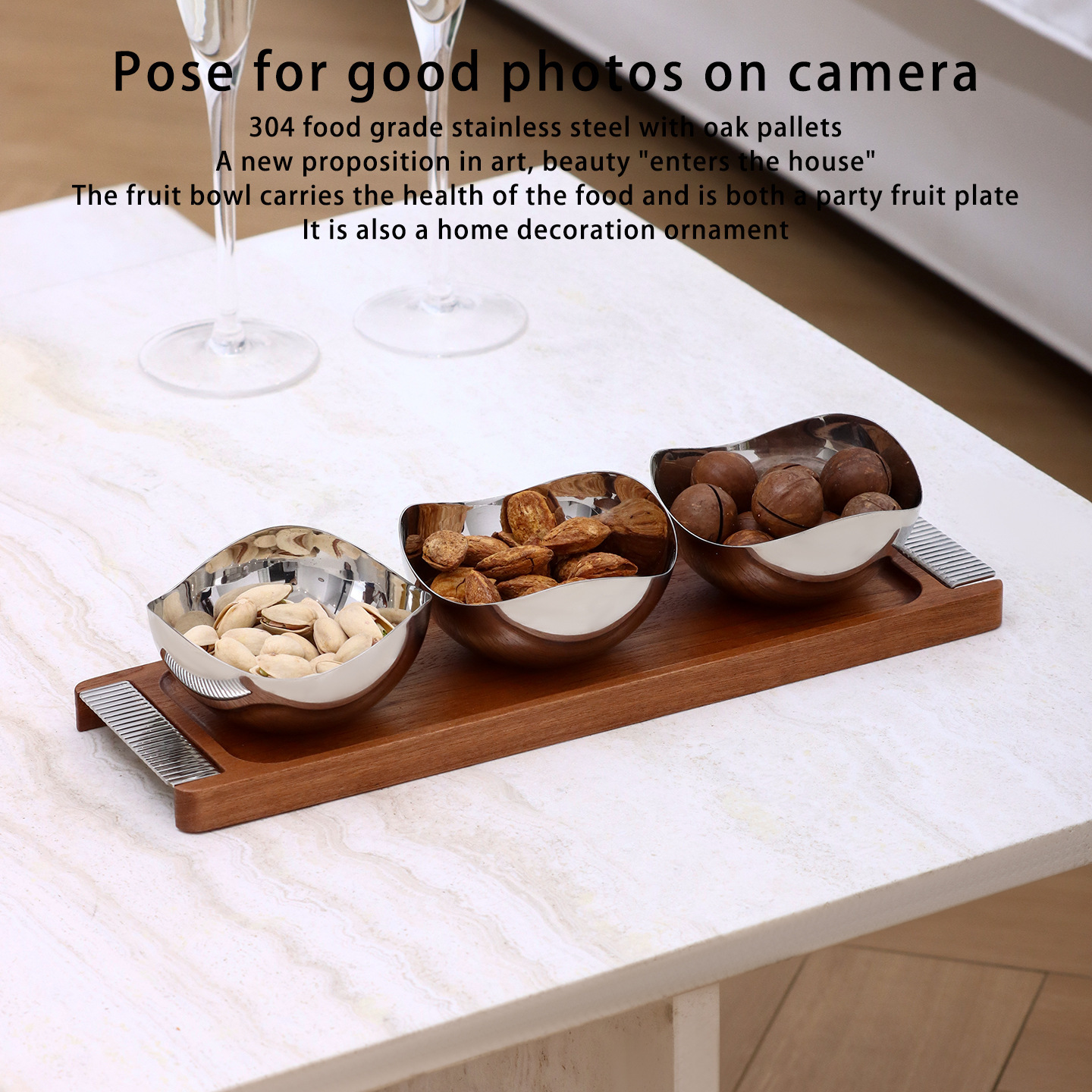 Productos explosivos transfronterizos lujosos Shabili madera sólida acero inoxidable bocadillos frutas secas refrigerios bandeja de té decoración de mesa