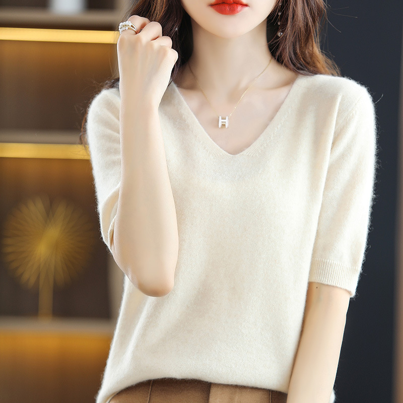 Cross-Border Spring and Autumn Three-Quarter Sleeve Knit Sweater for Women, V-Neck Pullover, Loose Casual Korean Style Short-Sleeve Top