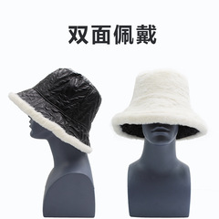 pu皮质菱格渔夫帽女御寒保暖舒适小兔毛百搭秋冬帽子显脸小盆帽