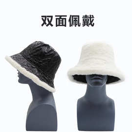 pu皮质菱格渔夫帽女御寒保暖舒适小兔毛百搭秋冬帽子显脸小盆帽