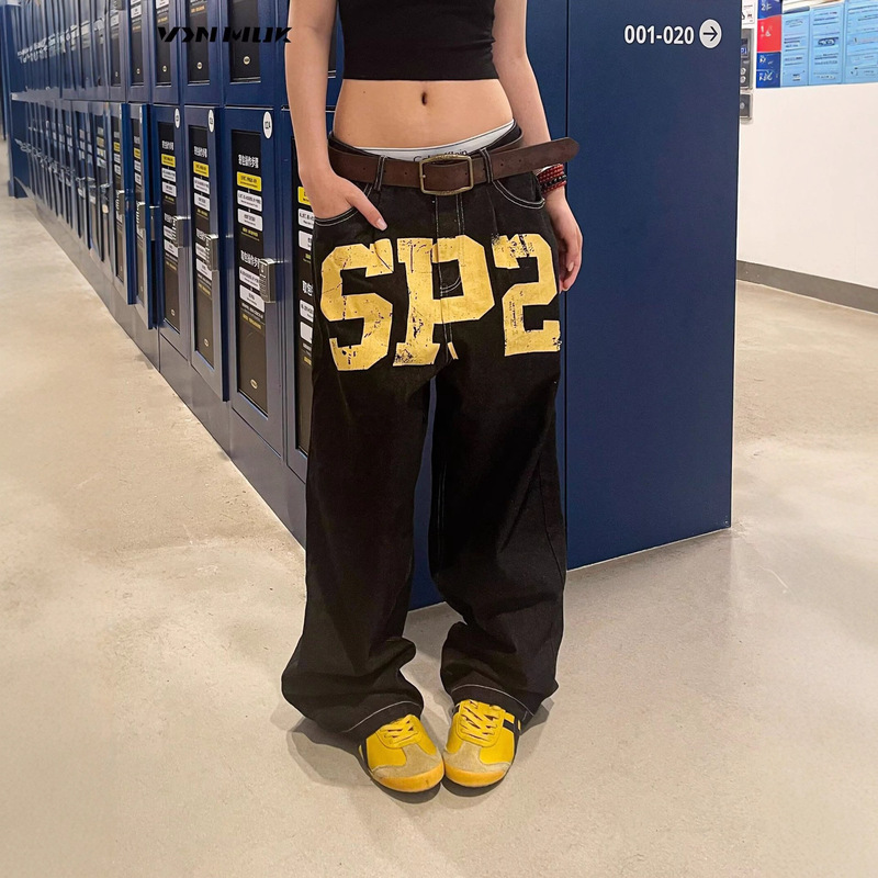 Plus-Size American High Street Letter Print Wide-Leg Jeans for Women with a Unique and Stylish Design, Perfect for Dancing Jazz and Floor-Length