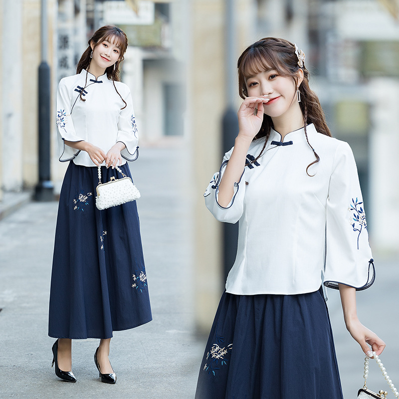 Vintage Improved Zen Tea Dress Top Embroidered Republic of China Style Chinese Style Seven-point Sleeve Girls' Stand Collar Buckle Tang Suit Spring and Summer