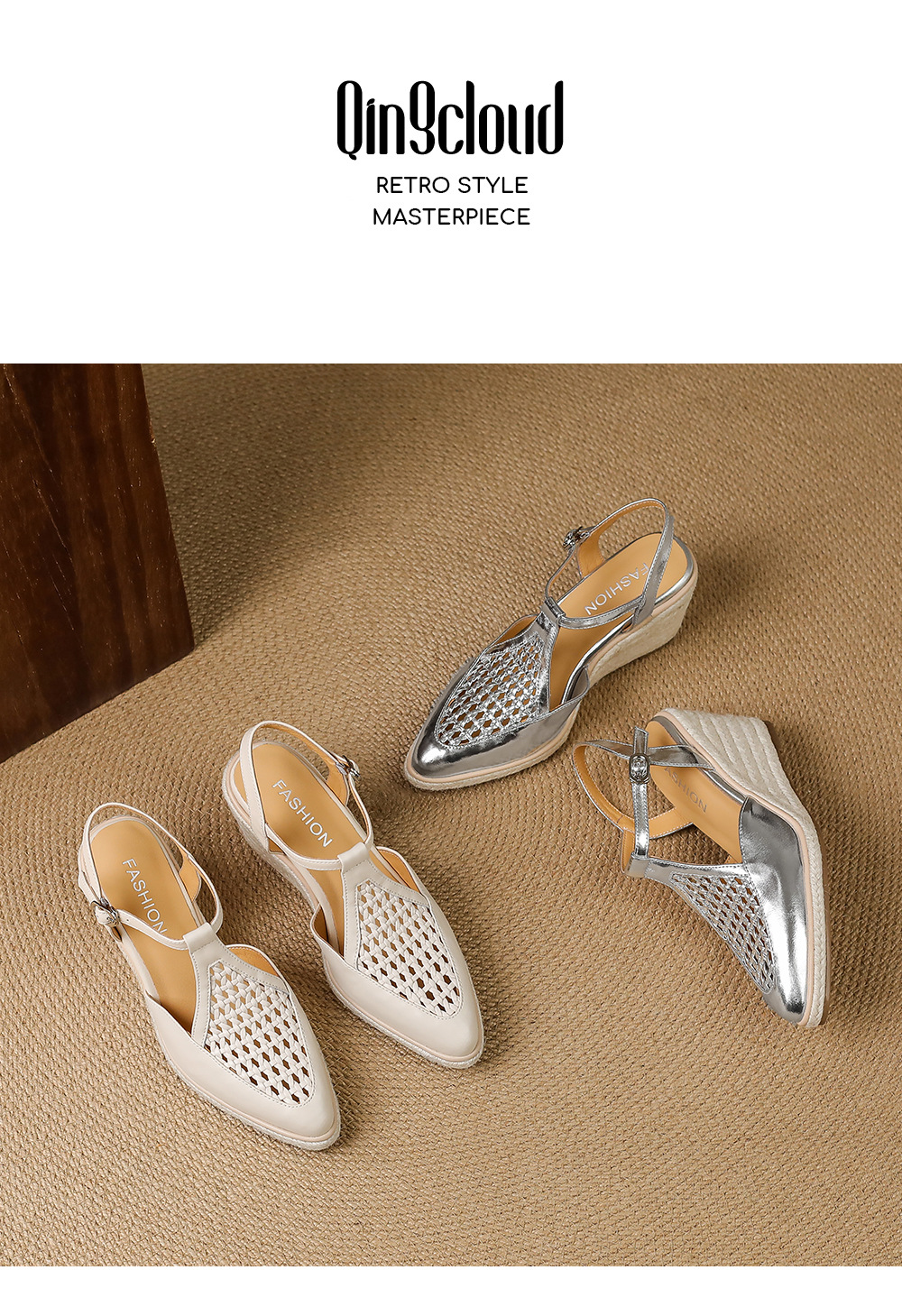 Sandal cao gót nữ hở mũi đế xuồng đan rơm, quai chữ T kiểu La Mã, gót 7.5 cm — màu trắng ngà, bạc chi tiết 13