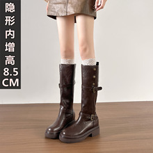 秋冬新款棕色高筒靴子复古英伦风厚底粗跟长筒靴女增高粗腿骑士靴
