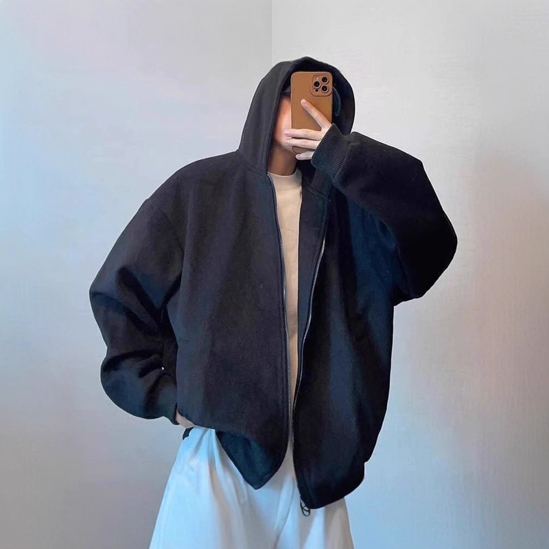 2025 Autumn American Heavy Weight Air Layer Hooded Cardigan Sweater Men's Loose Casual Double Zipper Hoodie Jacket Trendy