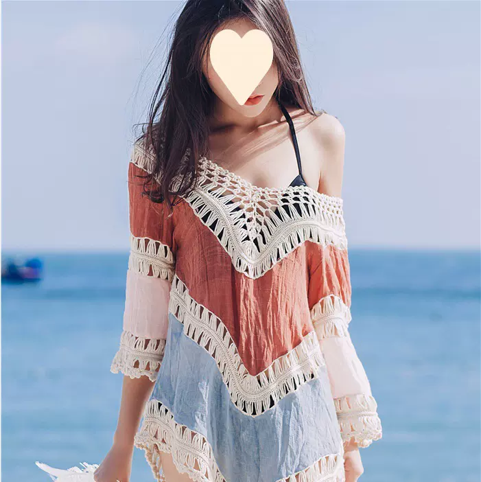 实拍蕾丝镂空性感沙滩度假比基尼防晒衣女中长款温泉海边罩衫