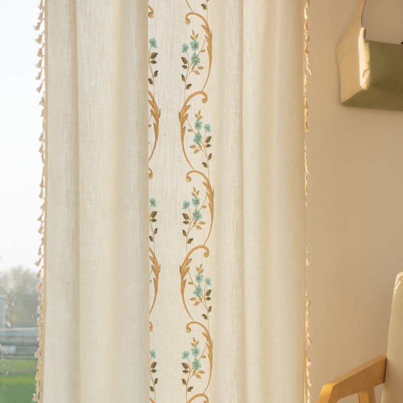American cotton linen fabric curtain high sense embroidery floral semi-shading finished kitchen bedroom balcony window curtain wholesale