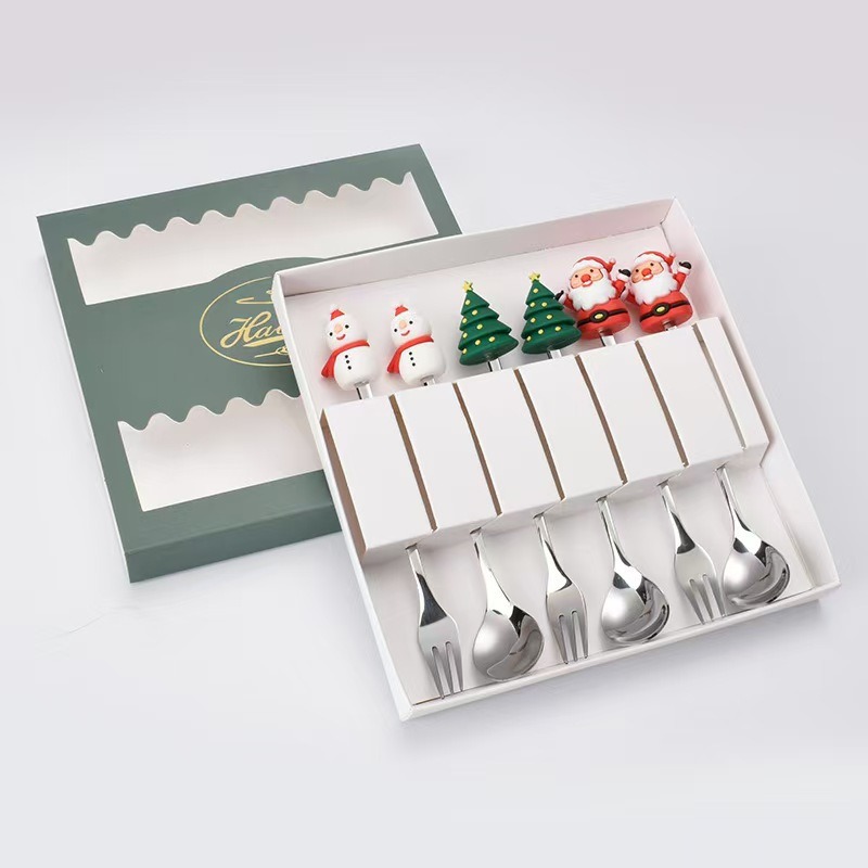 Cucharas de acero inoxidable transfronterizas muñecas de Papá Noel cubiertos cajas de regalo caseras de café mezclador cucharas de postre horquilla de frutas