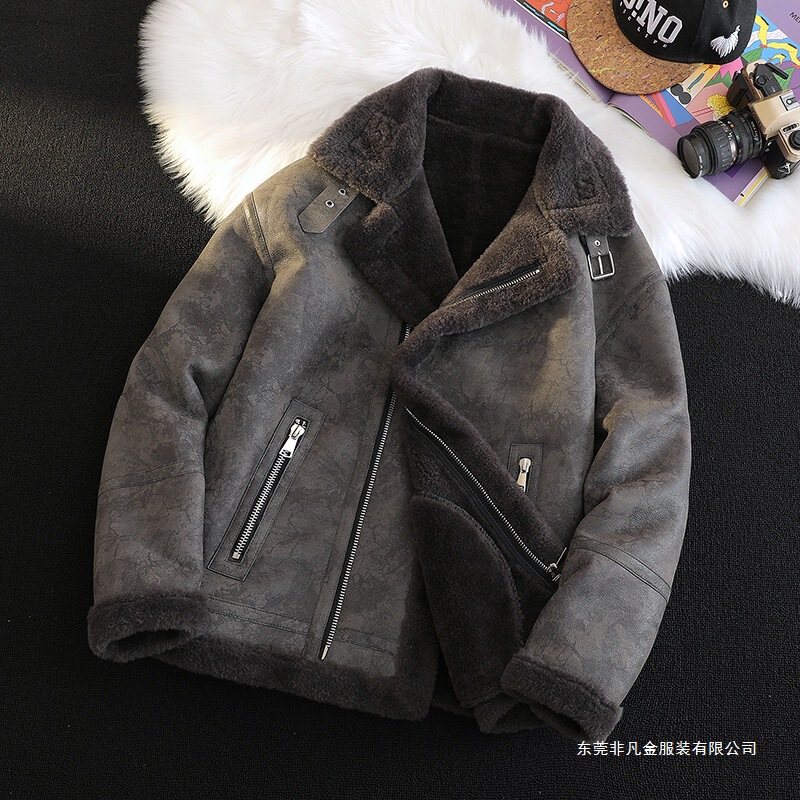 2025 Winter Men's New Suede Lambswool Jacket, Integrated Leather and Fur, Thickened and Warm Motorcycle Leather Coat