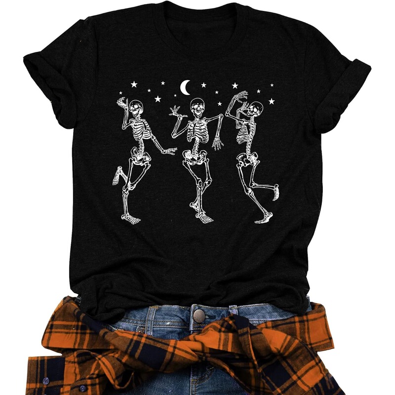 Ladies Dancing Skeleton Shirt Happy Halloween T-Shirt Fun Skeleton Graphic Tee Top Shirt Gift Ladies Dancing Skeleton Shirt Happy Halloween T-Shirt Fun Skeleton Graphic Tee Top Shirt Gift