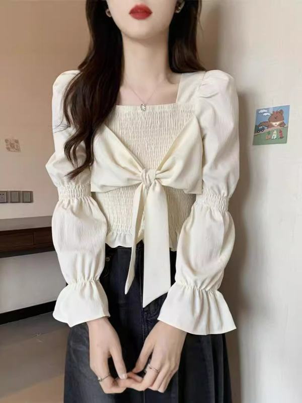 New Spring and Autumn French-Style Niche Short Long-Sleeve Shirt with a Slim Fit and Bowknot Design New Spring and Autumn French-Style Niche Short Long-Sleeve Shirt with a Slim Fit and Bowknot Design