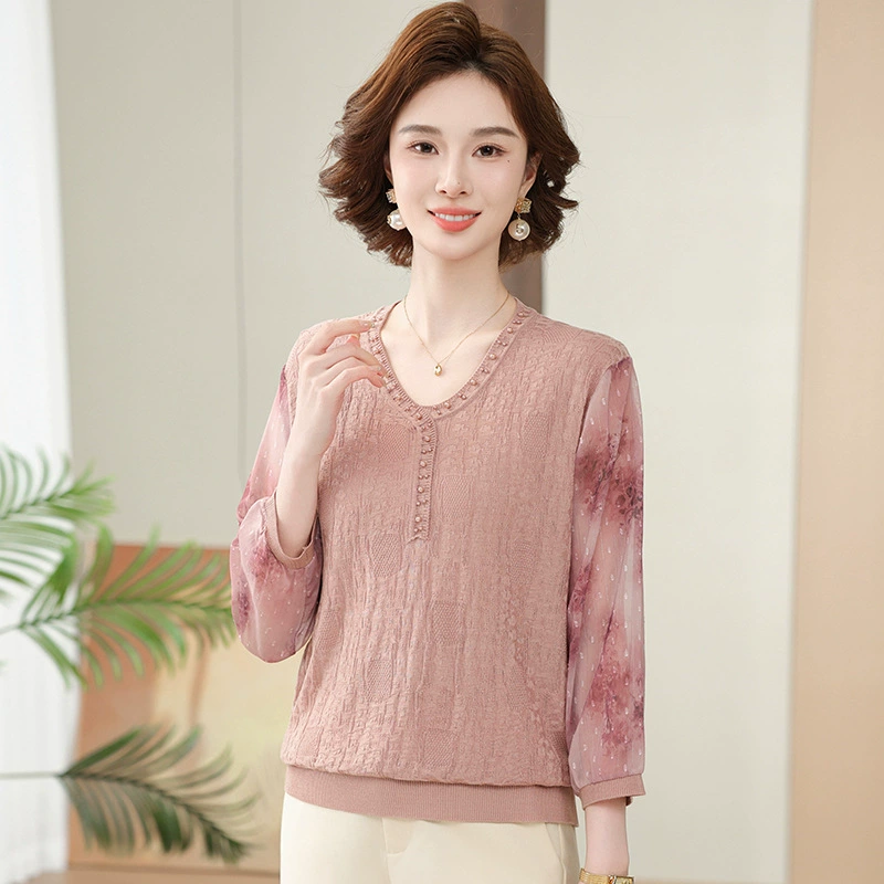 2025 новая мама весенняя одежда с рукавами из семи точек трикотажная нижняя рубашка среднего и пожилого женского тонкого марлого рукава куртка иностранная футболка