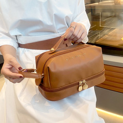 2024新款PU皮手提化妝包大容量分隔板護膚品收納包簡約防水洗漱包