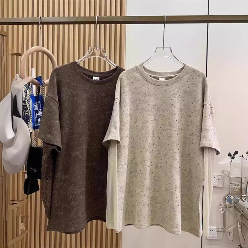 Oversized 1.00 kg-150.00 kg chubby girl Heavy Industry Hot Drilling Baby's Sky Star Design Fake Two-piece Lace Sleeve Long Sleeve T-shirt Top Trendy