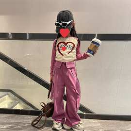 女童2025春秋新款韩版套装儿童洋气字母拼色上衣时髦工装裤两件套