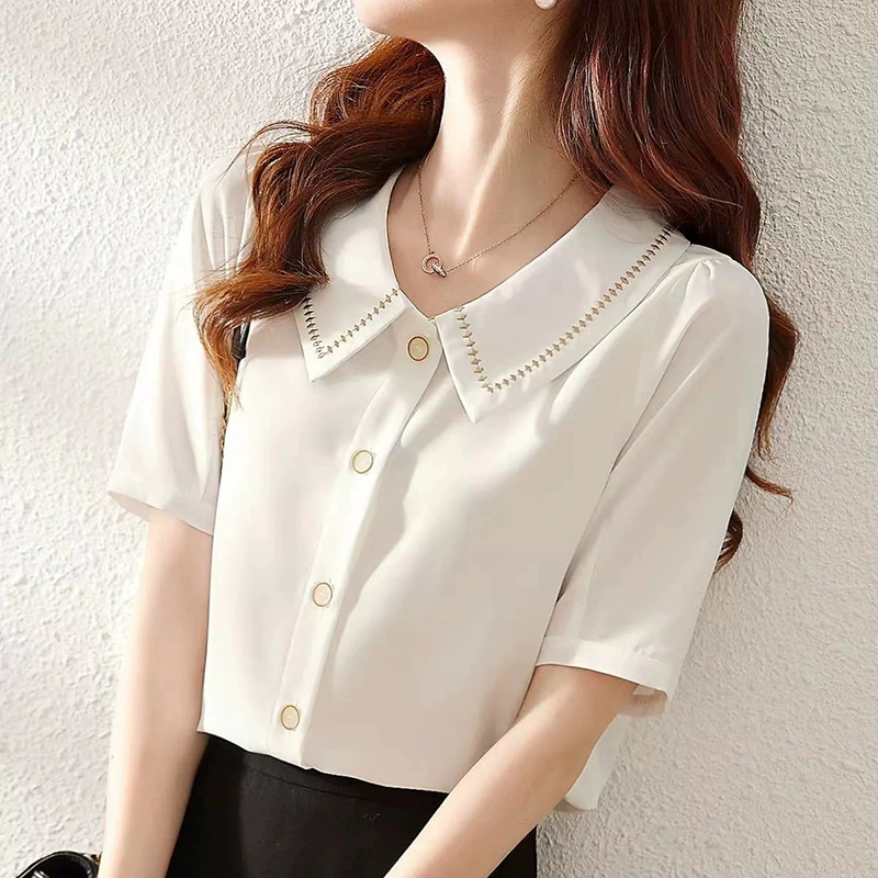 Сетка карта спотовая вышивка лацкана шифоновая рубашка простая тонкая с короткими рукавами белая рубашка женская рубашка женская топ женская летняя